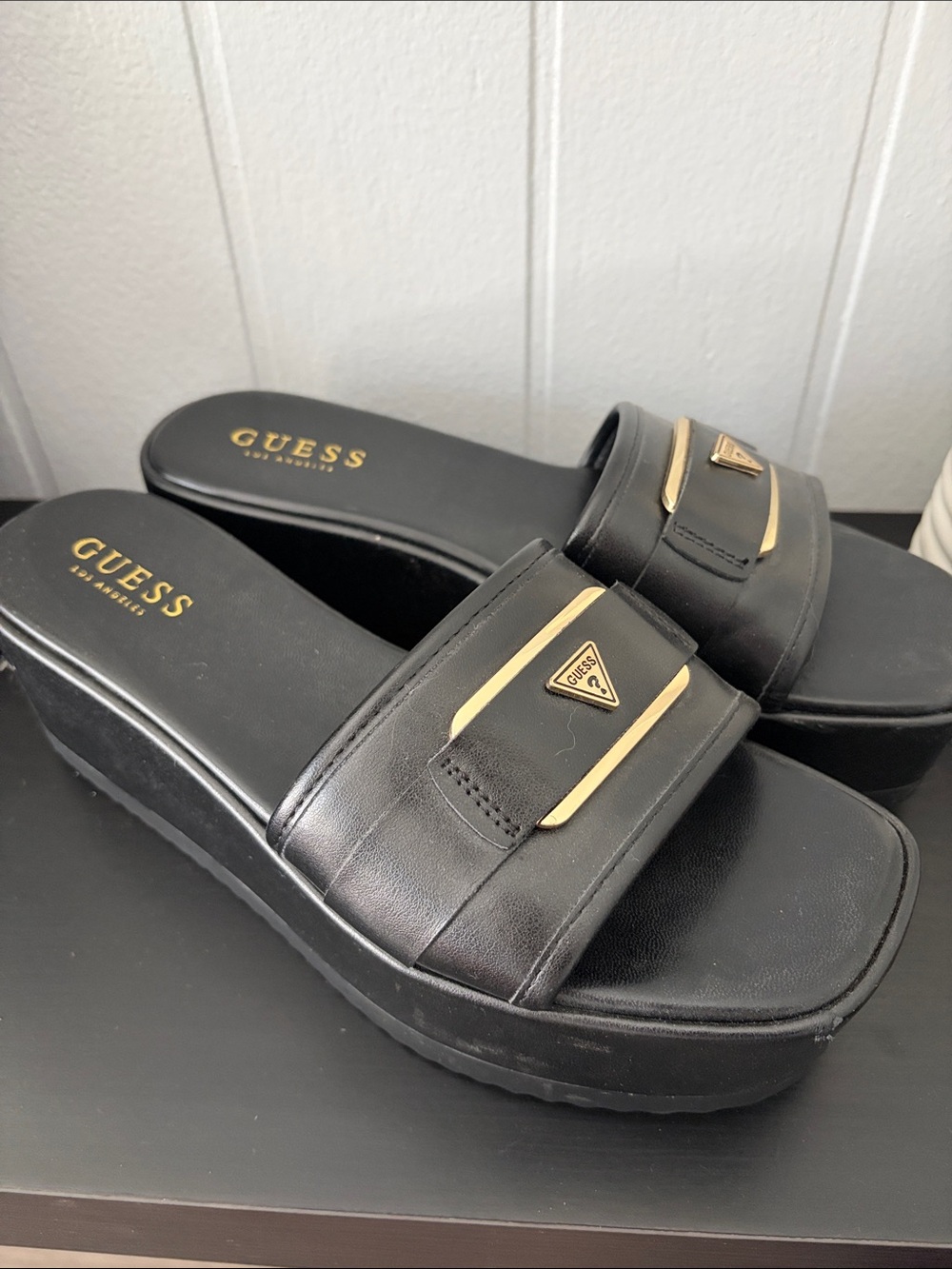 GUESS Black Platform Slide Mules with Gold Trim
